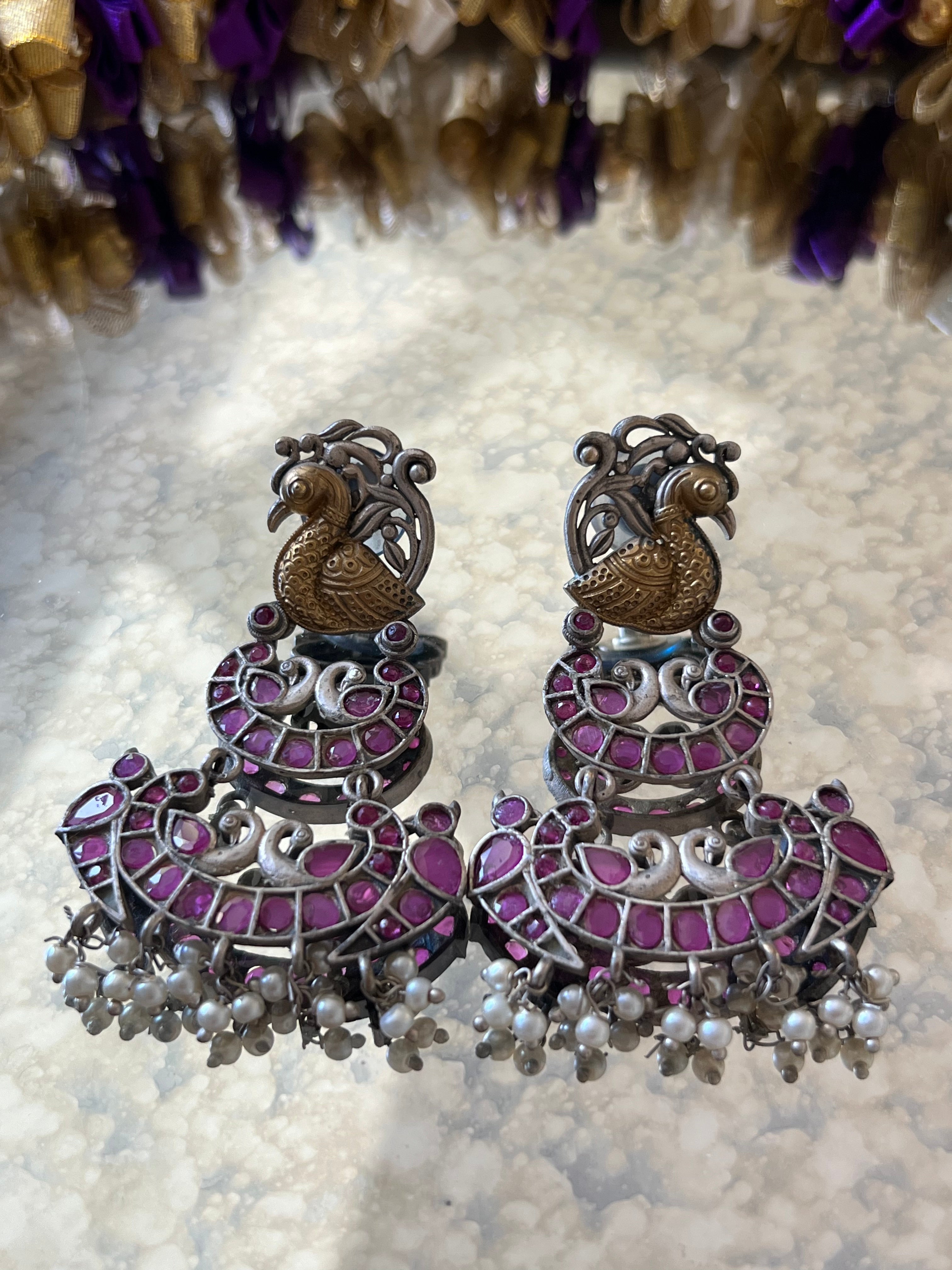 "Peacock Radiance: Oxidized Pink Gemstone Long Earrings"