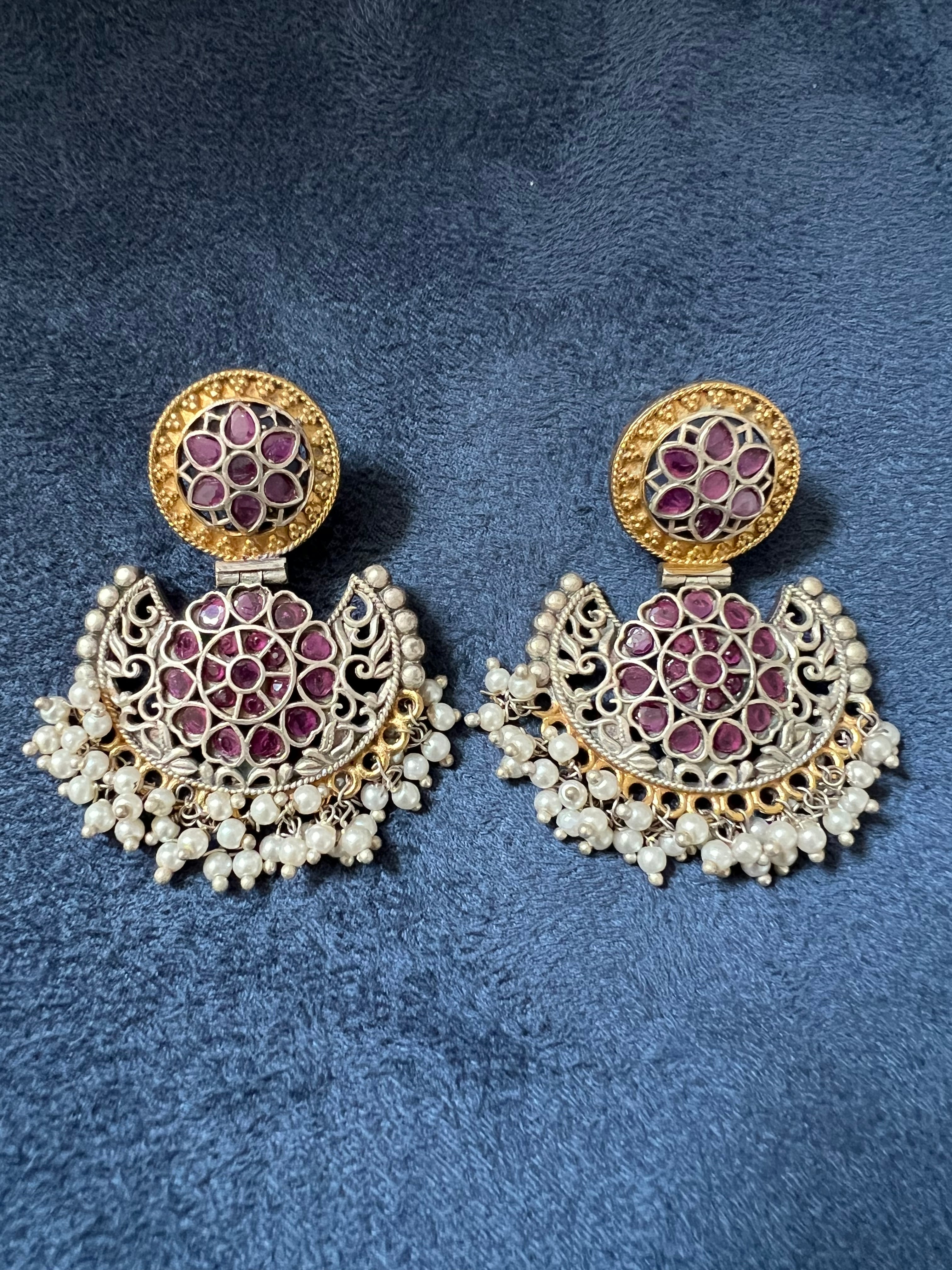 "Enchanted Elegance: Oxidized Earrings with Pink Gemstones and Moti"