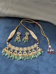 "Graceful Aqua Green Kundan Necklace Ensemble with Delicate Moti Malas"