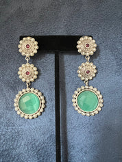 "Emerald Halo: Circular Oxidized Gemstone and Moti Earrings"