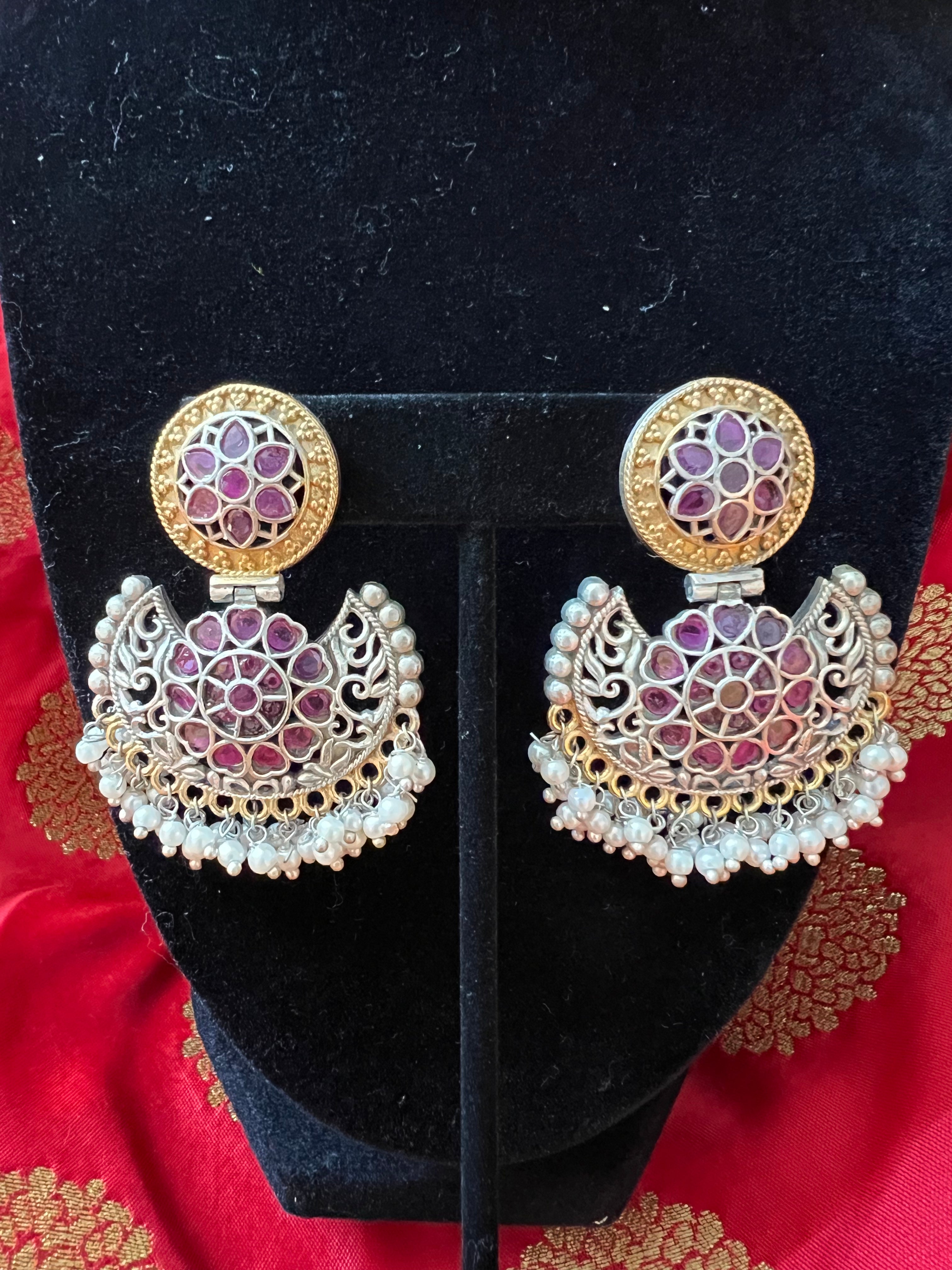 "Enchanted Elegance: Oxidized Earrings with Pink Gemstones and Moti"