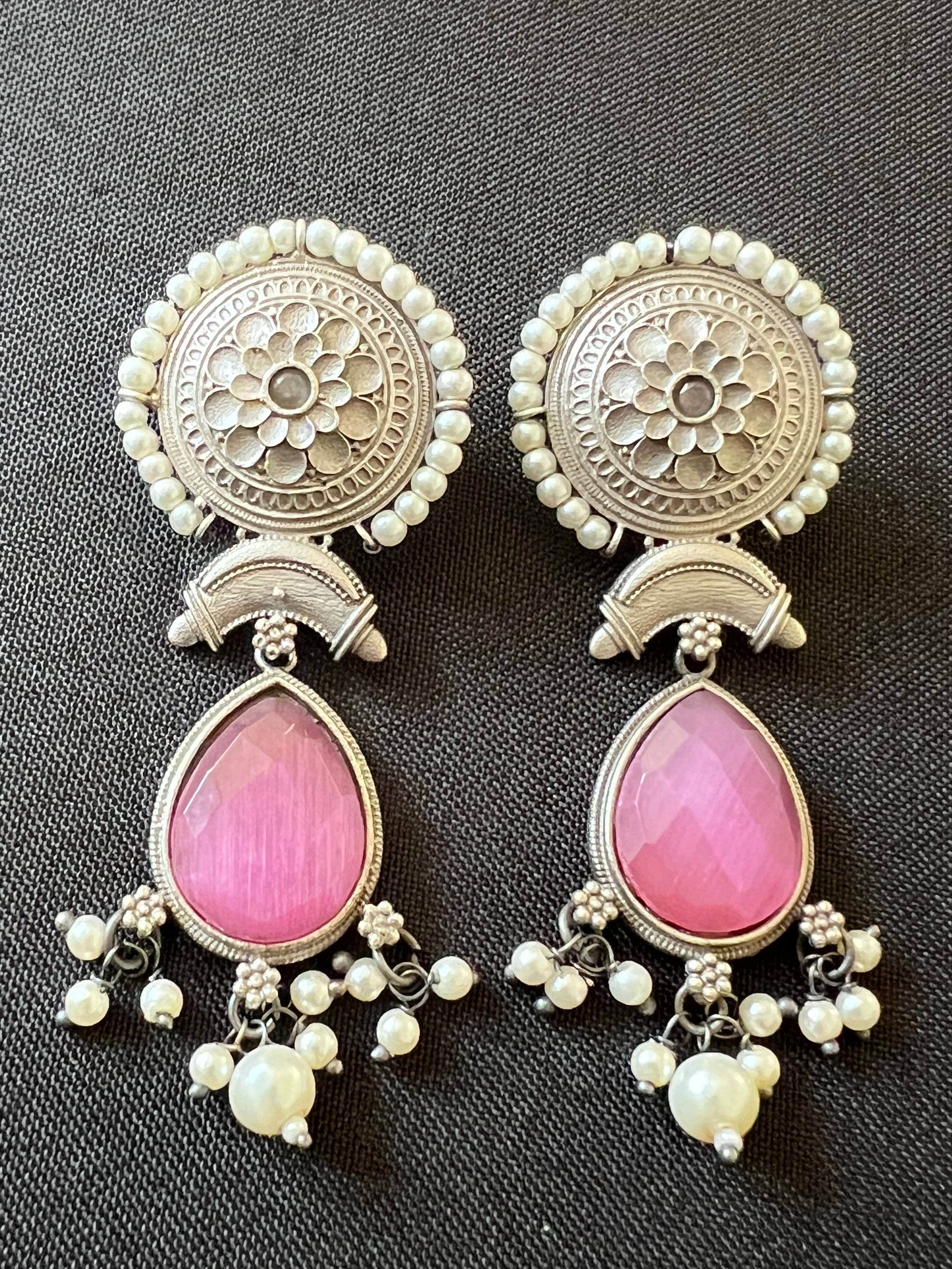 "Pearl Blush: Oxidized Light Pink Gemstone and Moti Earrings"