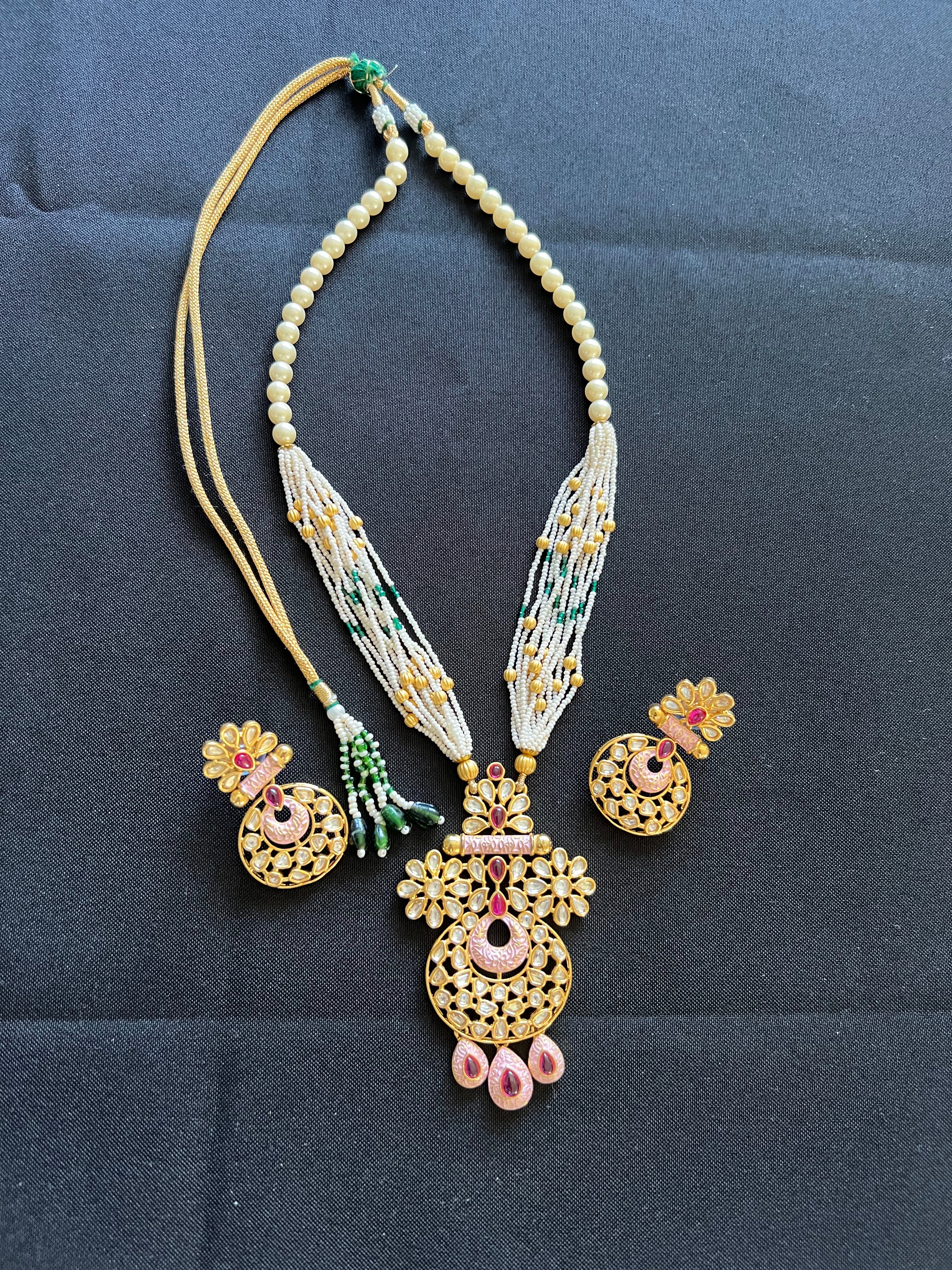 "Pink Stone and  Kundan Necklace Set with Rare Moti Mala and Matching Earrings"