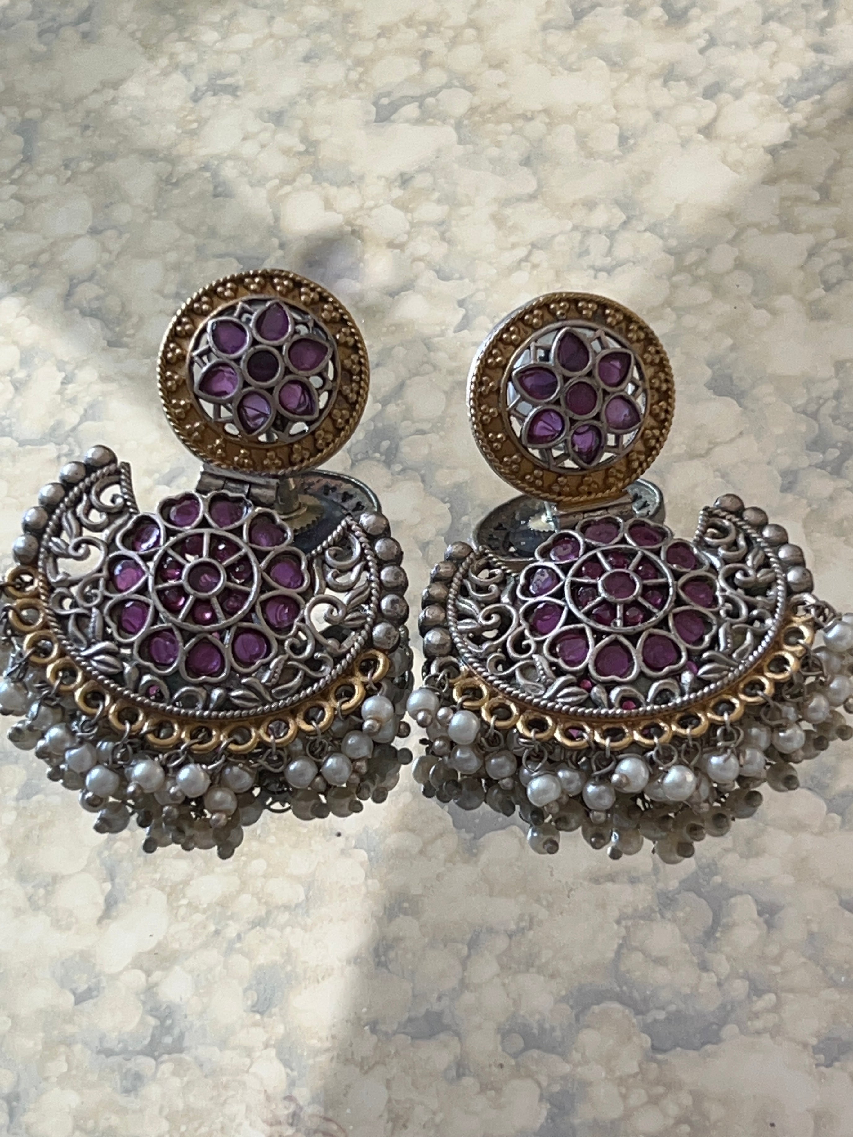 "Enchanted Elegance: Oxidized Earrings with Pink Gemstones and Moti"