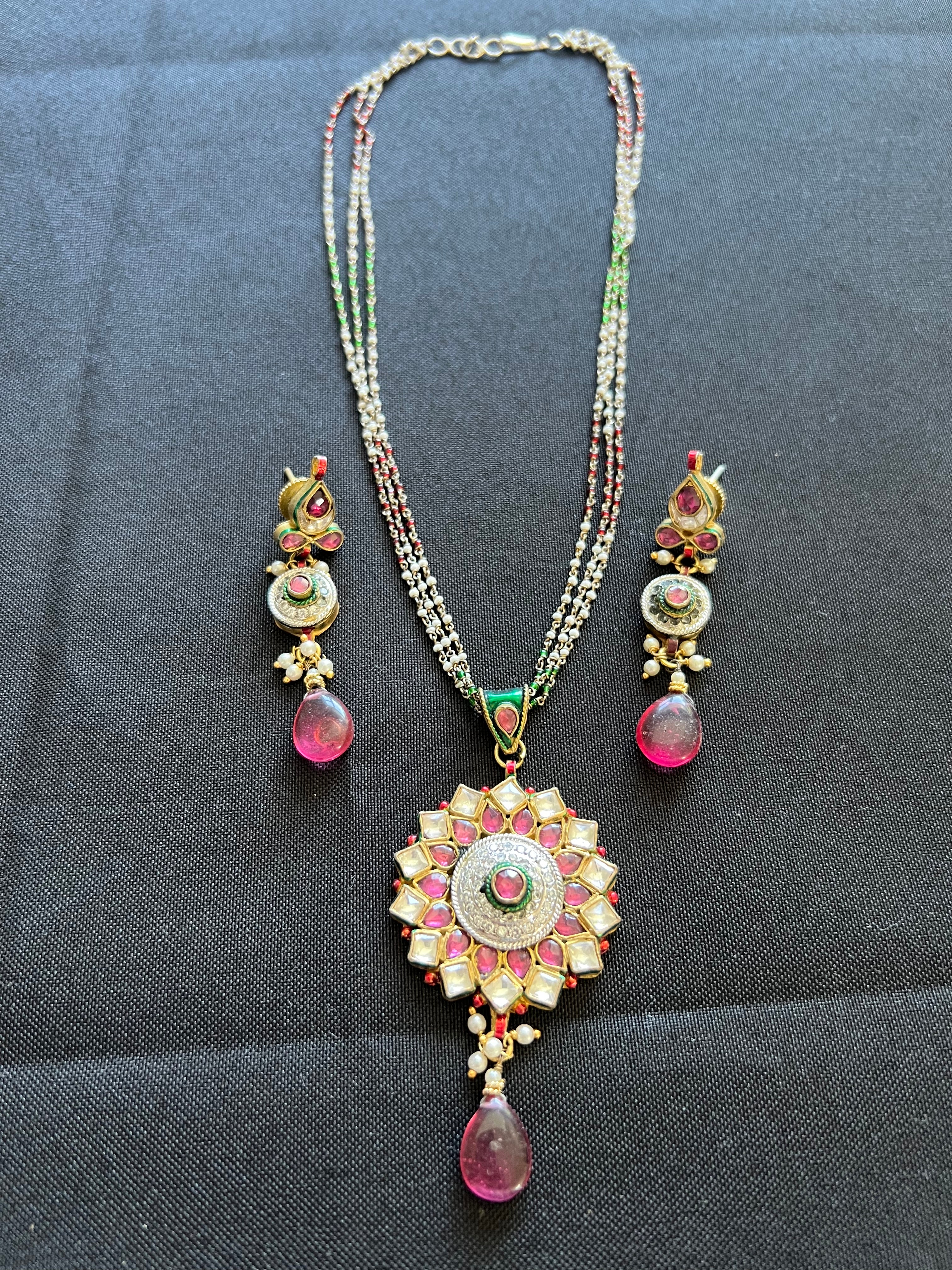 "Exquisite Ruby Kundan Pendant Set with Seeded Pearls and Multi-Color Mala"