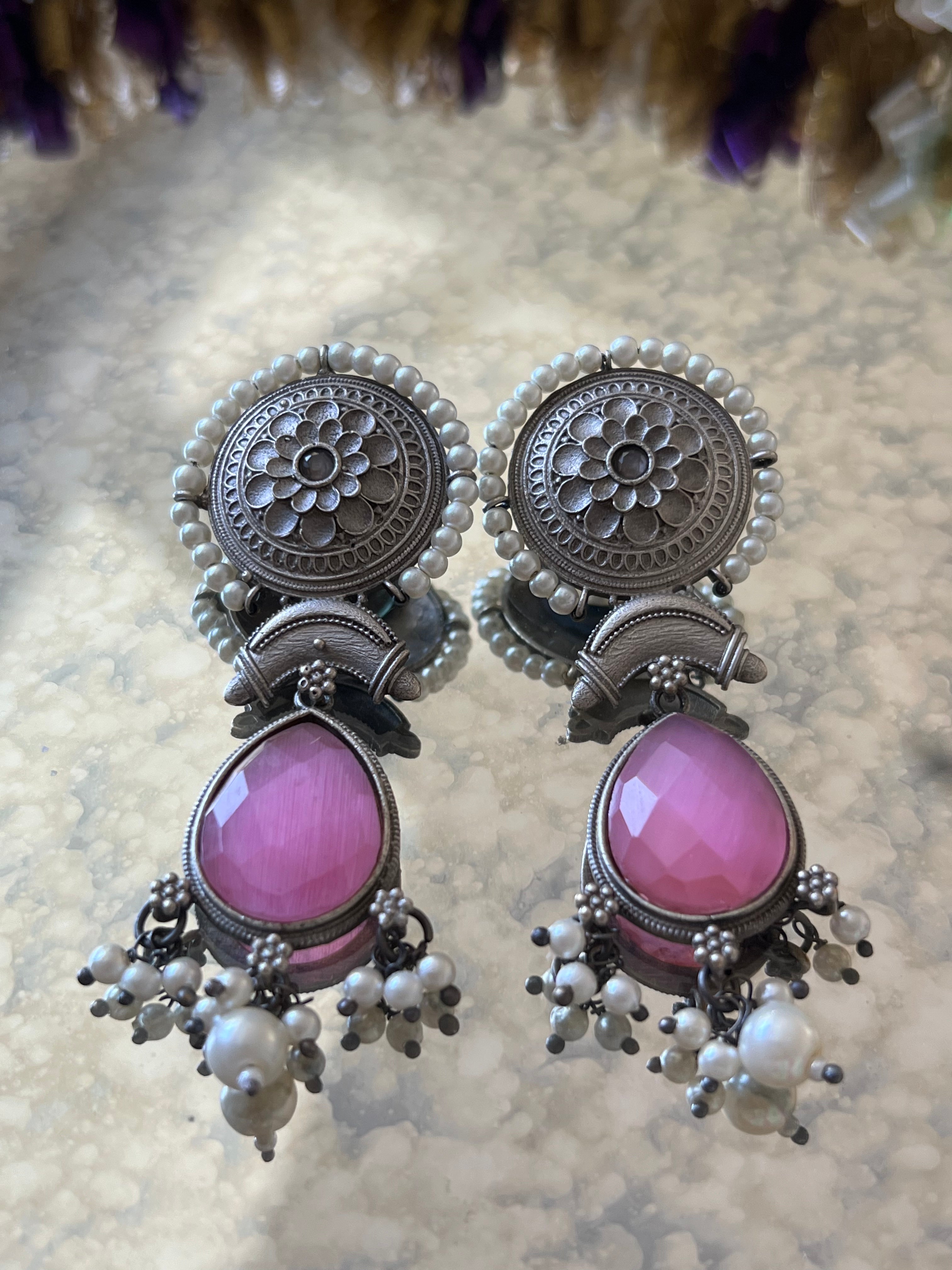 "Pearl Blush: Oxidized Light Pink Gemstone and Moti Earrings"