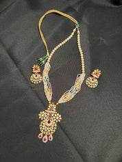 "Pink Stone and  Kundan Necklace Set with Rare Moti Mala and Matching Earrings"