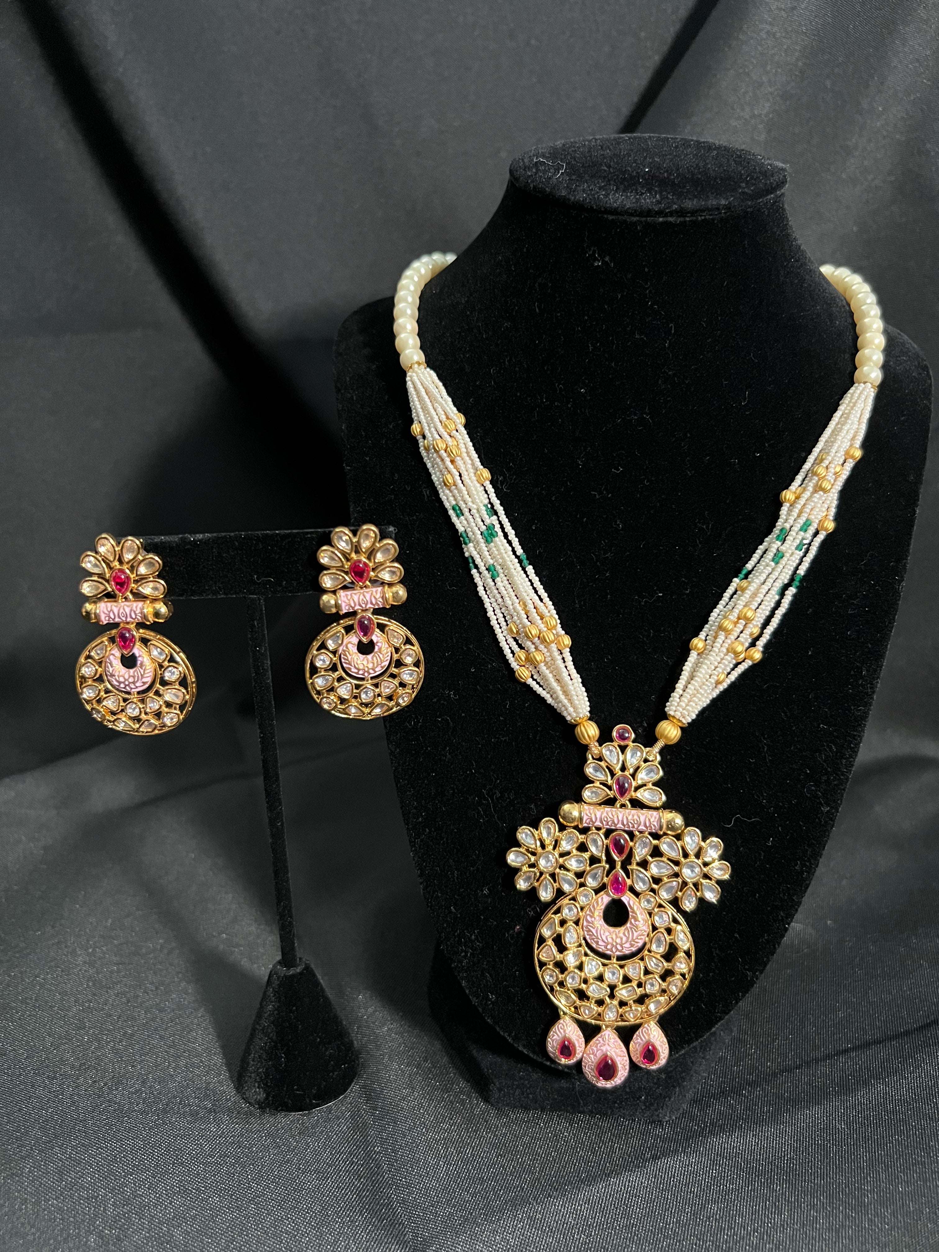 "Pink Stone and  Kundan Necklace Set with Rare Moti Mala and Matching Earrings"