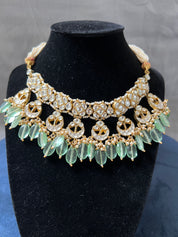 "Graceful Aqua Green Kundan Necklace Ensemble with Delicate Moti Malas"