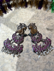 "Peacock Radiance: Oxidized Pink Gemstone Long Earrings"