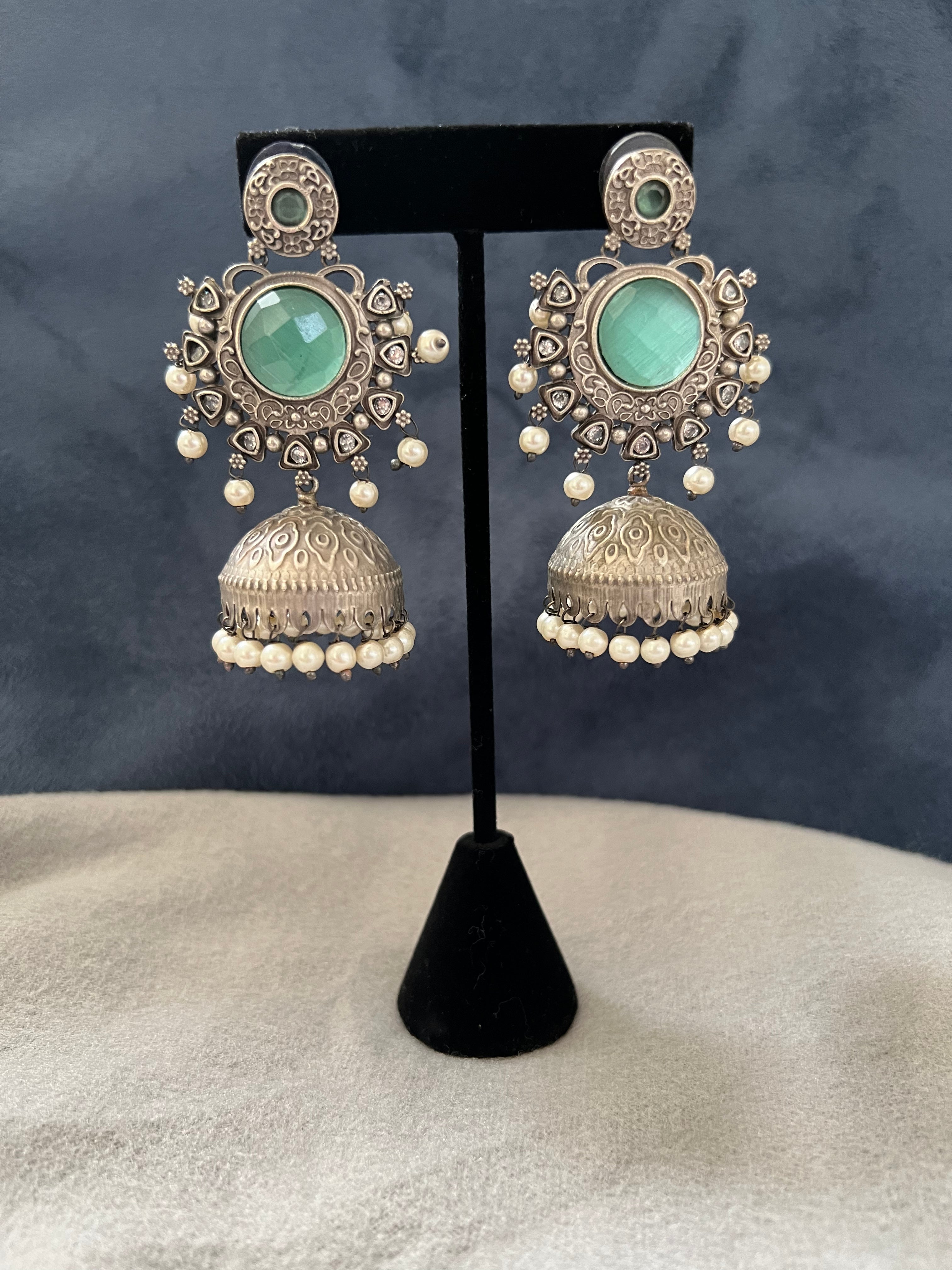 "Green Grace: Oxidized Gemstone and Moti Earrings"