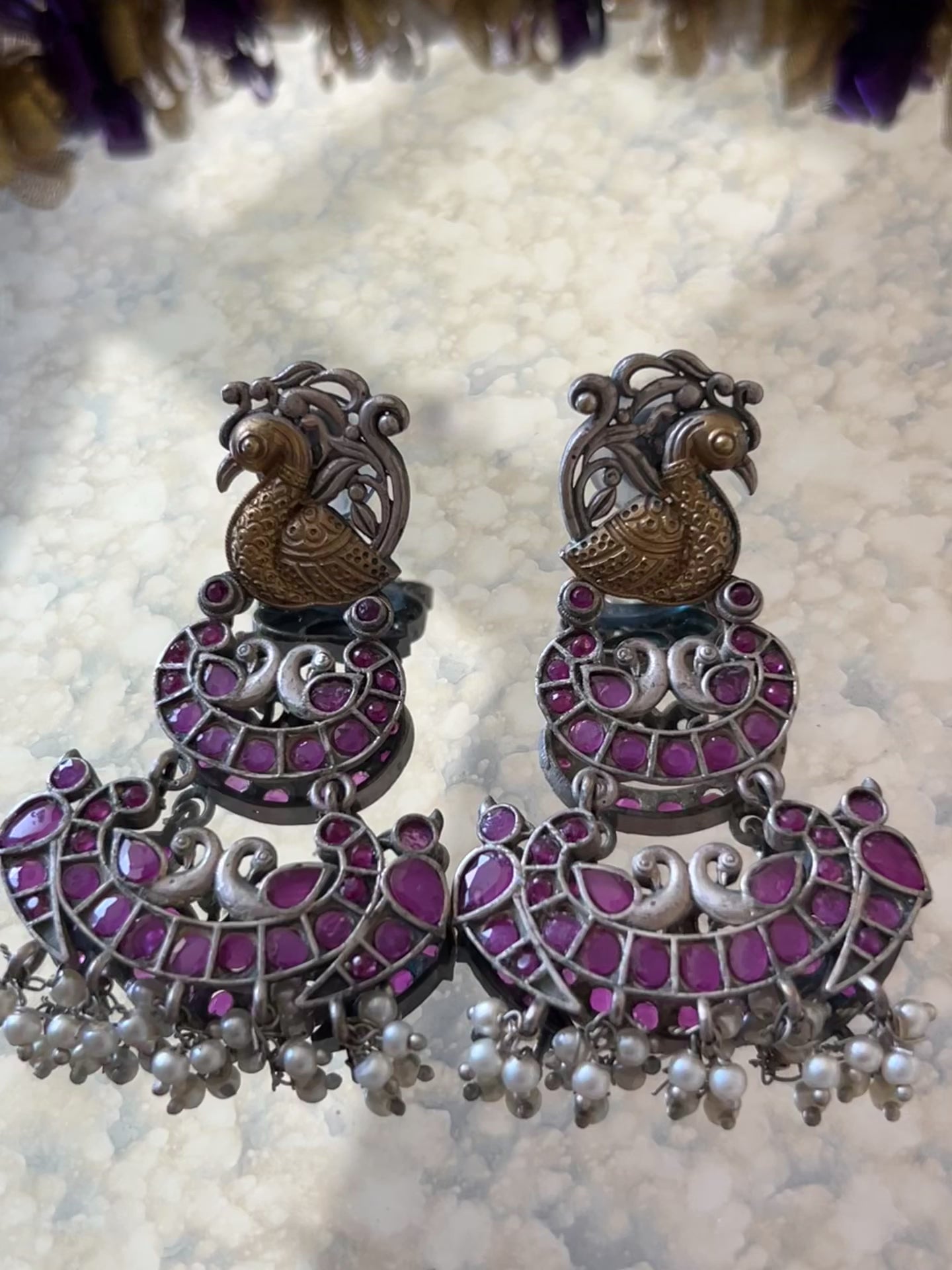 "Peacock Radiance: Oxidized Pink Gemstone Long Earrings"