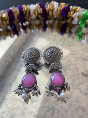 "Pearl Blush: Oxidized Light Pink Gemstone and Moti Earrings"